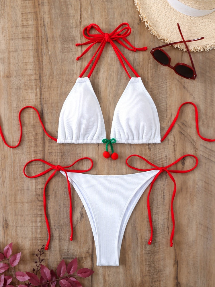 White Cherry Charm Ribbed Halter Triangle Bikini Set