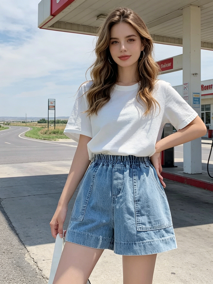 Elastic Waist Wide-Leg Denim Shorts - High-Waisted Casual Summer Shorts