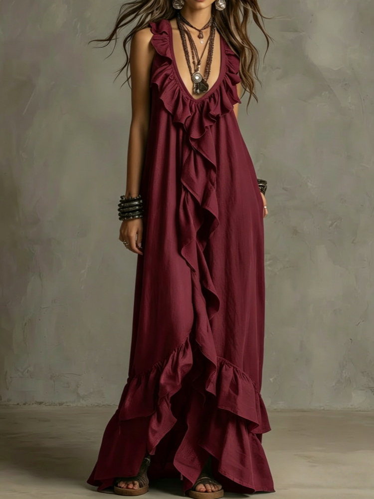 Boho Ruffled V-Neck Maxi Dress