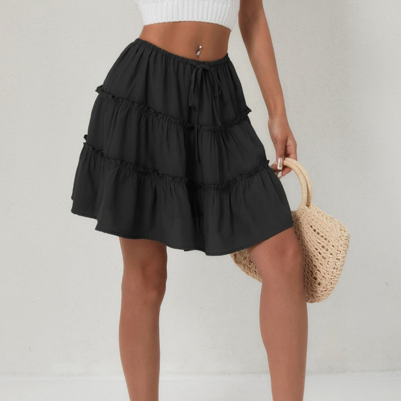 Tiered Ruffle Mini Skirt - High-Waisted Drawstring Flowy Skirt
