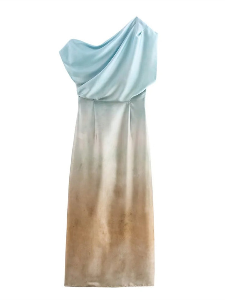 One Shoulder Floral Gradient Satin Midi Dress