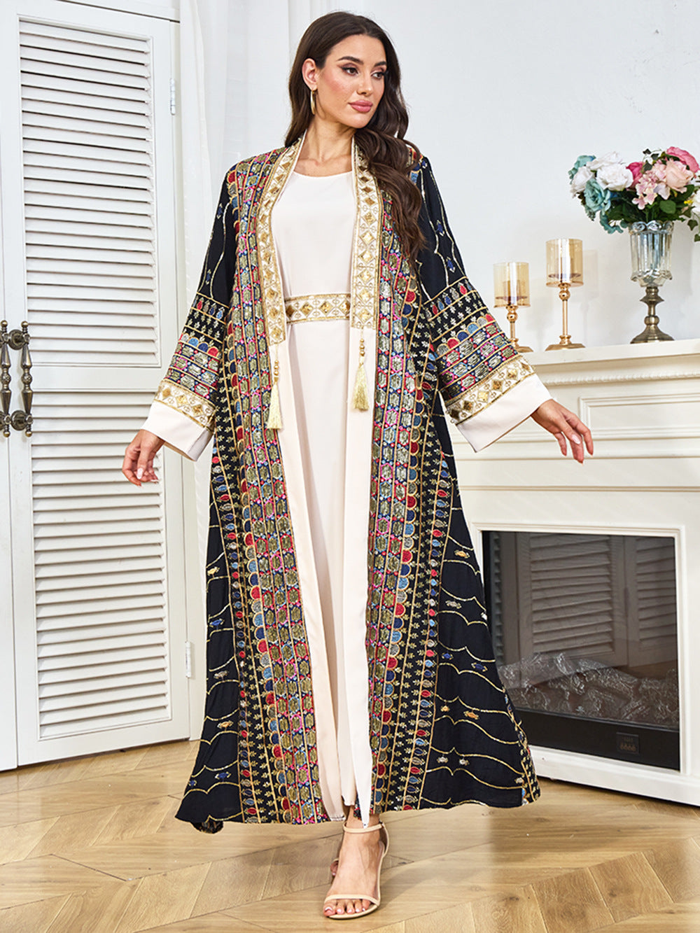 Embroidered Open-Front Abaya Kimono Set