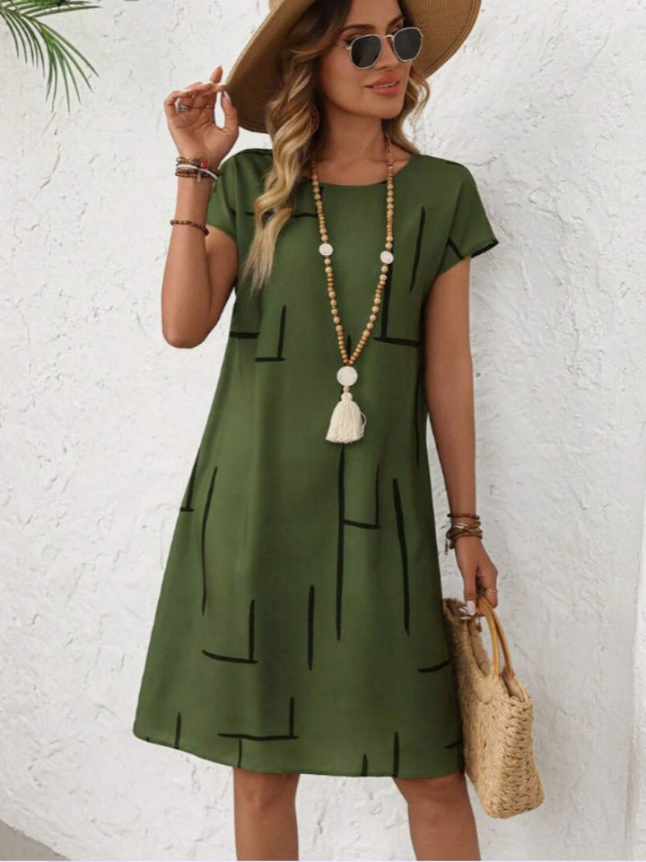 Geometric Line Print Short Sleeve Midi Dress