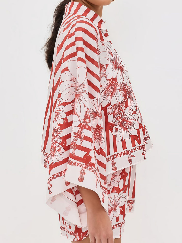 Floral Striped Button-Down Shirt &amp; Shorts Set - Red/White