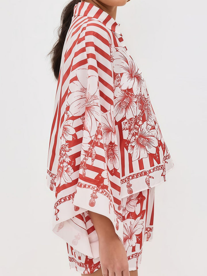 Floral Striped Button-Down Shirt &amp; Shorts Set - Red/White
