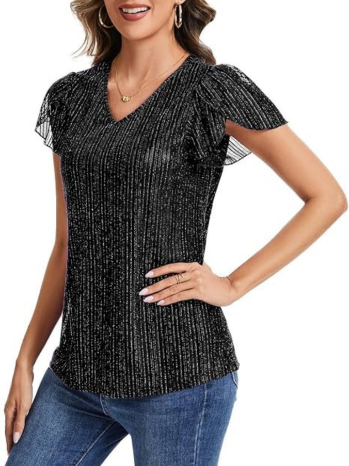 Shiny Pleated V-Neck Flutter Sleeve Top
