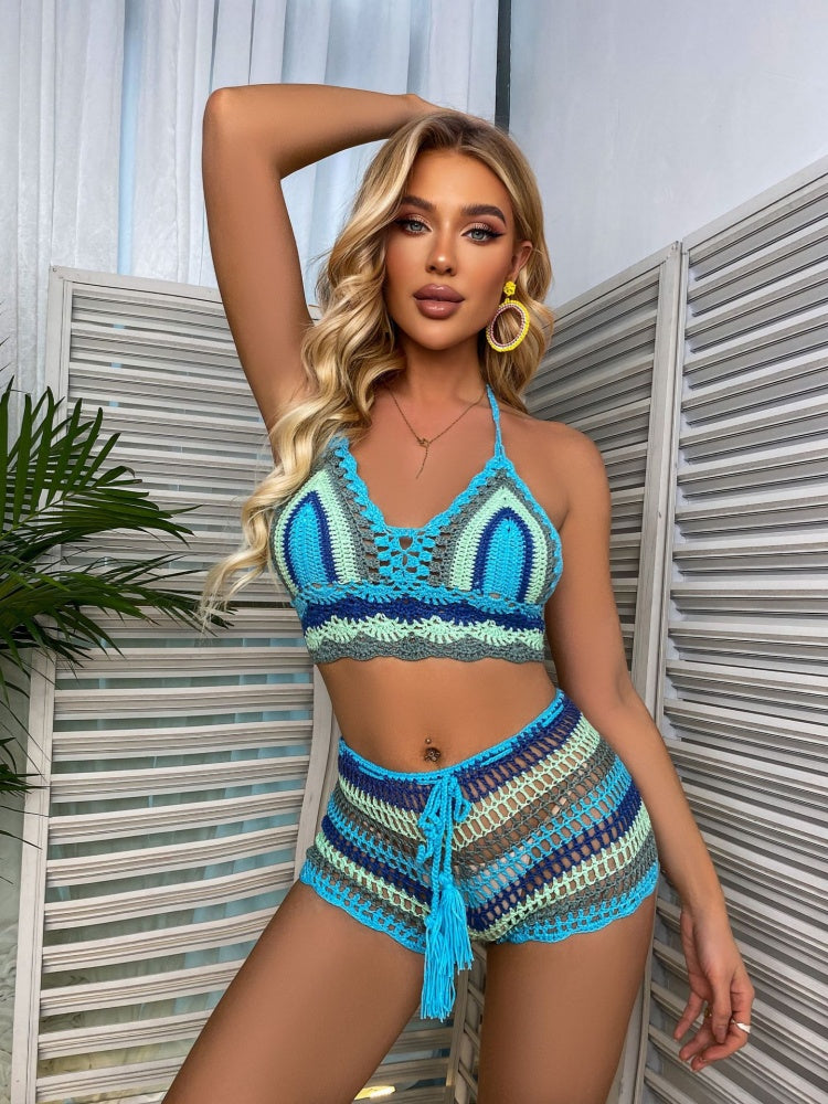 Vibrant Crochet Halter Bikini Set with Tassel Shorts