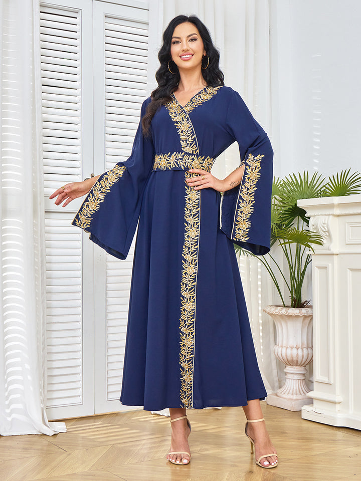 Gold Embroidered Wrap-Front Abaya Maxi Dress