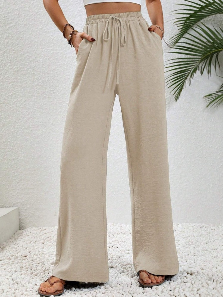 Elastic Waist Drawstring Wide Leg Pants