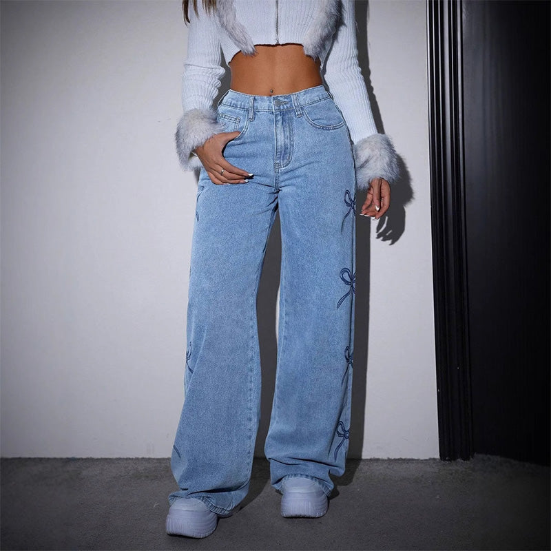 Casual high-waisted butterfly print jeans
