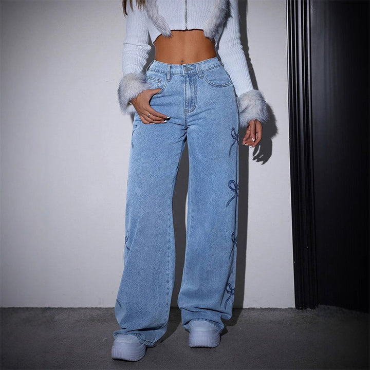 Casual high-waisted butterfly print jeans