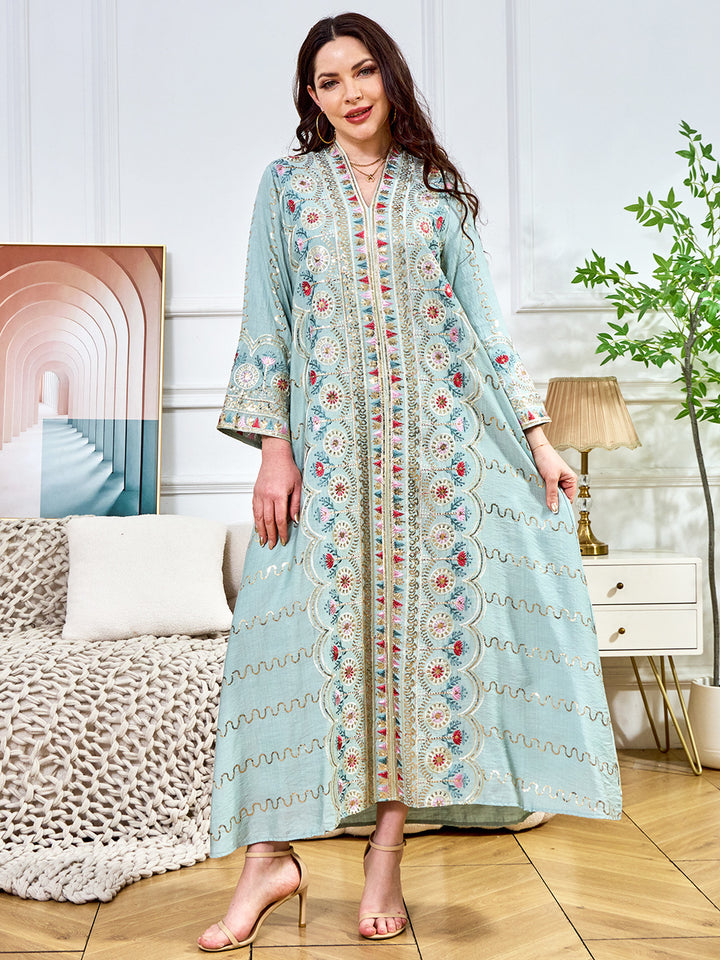 Floral Embroidered Sequin-Trimmed Abaya Maxi Dress