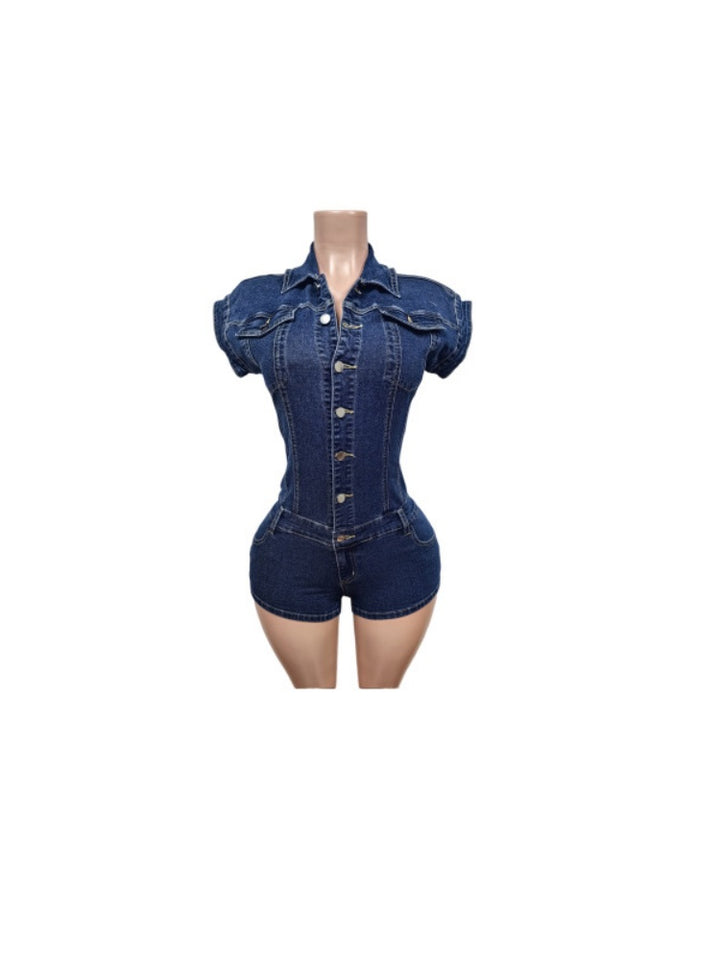 Sleeveless Collar Denim Short Jumpsuit