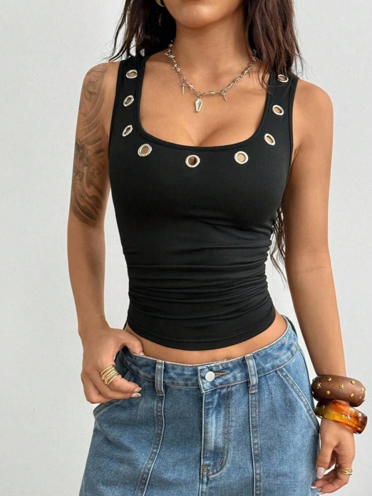 Eyelet Crop Tank Top - Square Neck Sleeveless Fitted Camisole