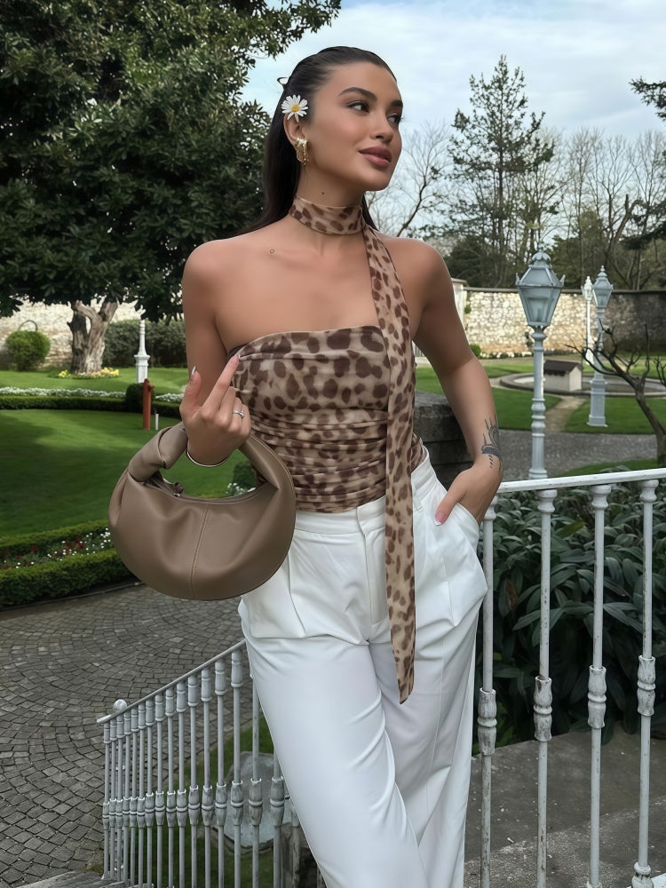 Leopard Print Halter Ruched Crop Top