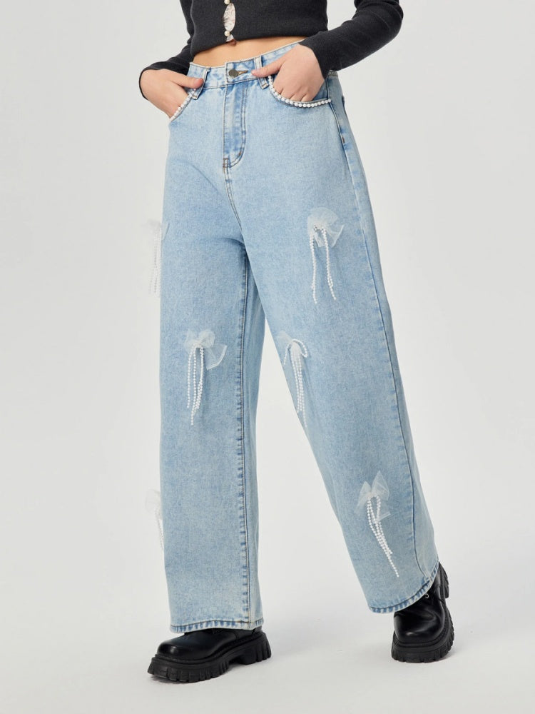 High Waist Wide Leg Jeans With Tulle Bow &amp; Pearl Tassel Decor