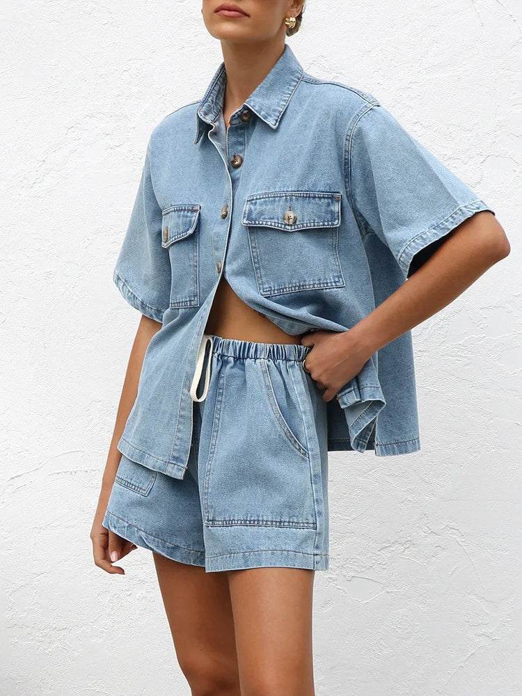 Denim Short Sleeve Shirt &amp; Elastic Waist Shorts Two-Piece Set