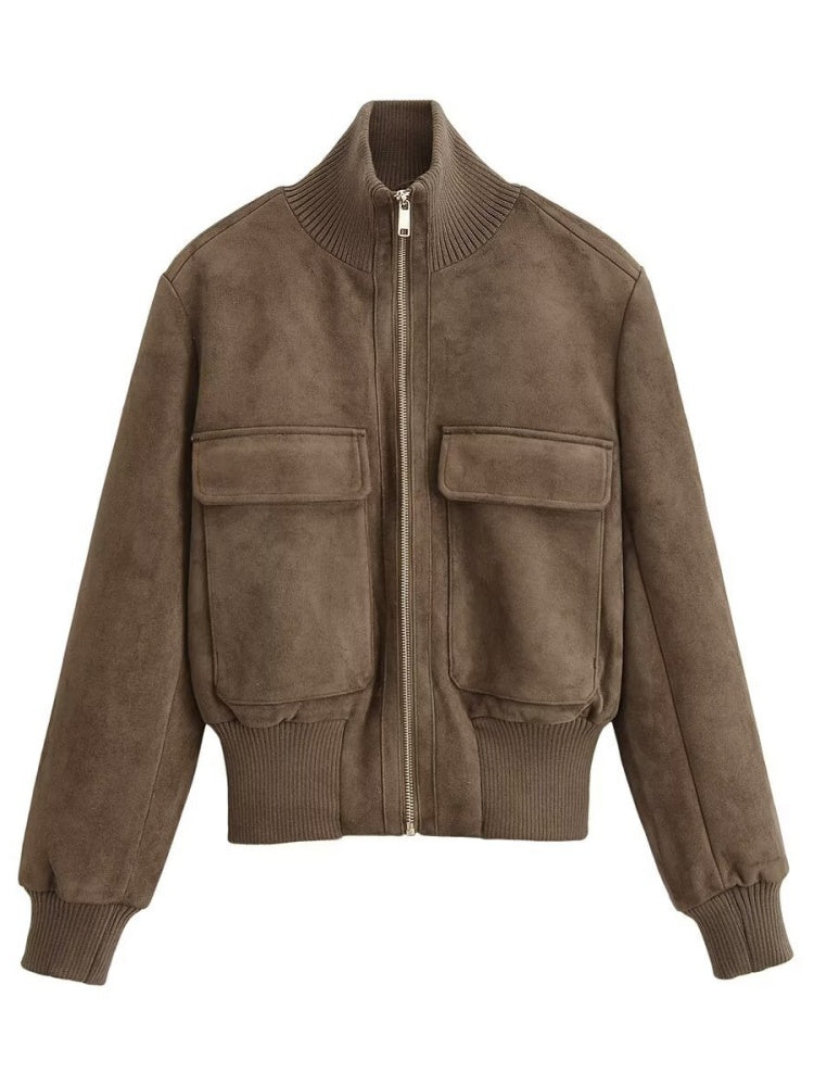 Suede Effect Ribbed Bomber Jacket