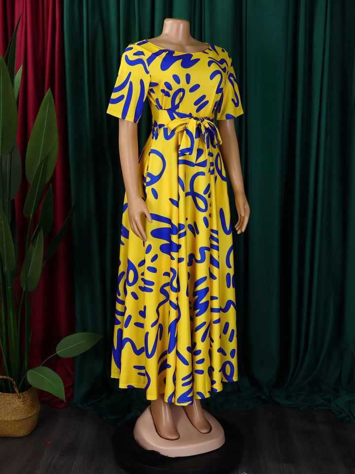 Graffiti Print Belted A-Line Maxi Dress