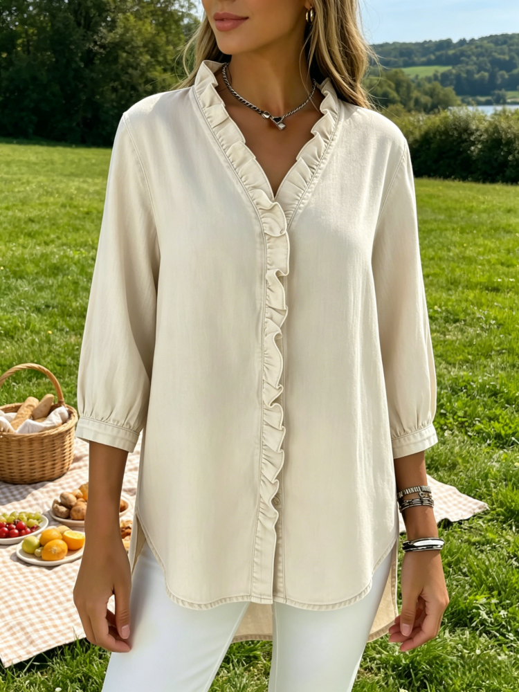 Ruffled V-Neck Denim Button-Down Blouse