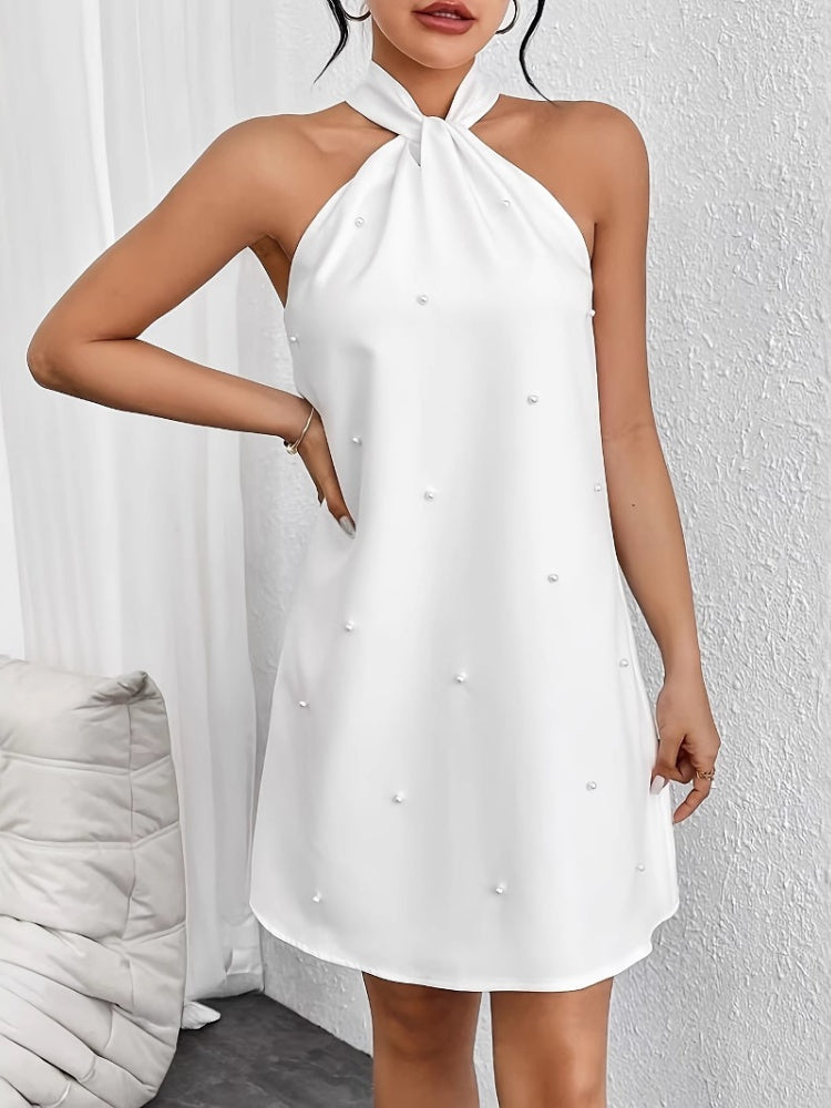 Pearl Embellished Halter Neck Mini Dress