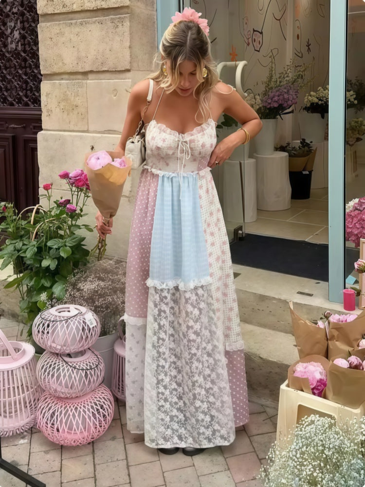 Patchwork Lace Halter Maxi Dress