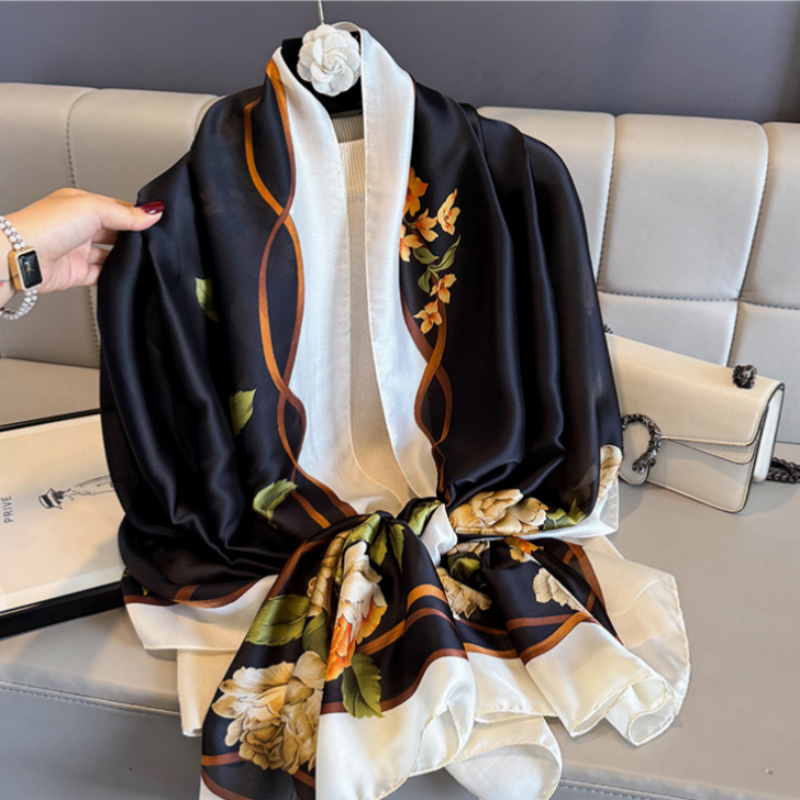 Luxury Floral Print Satin Silk Scarf