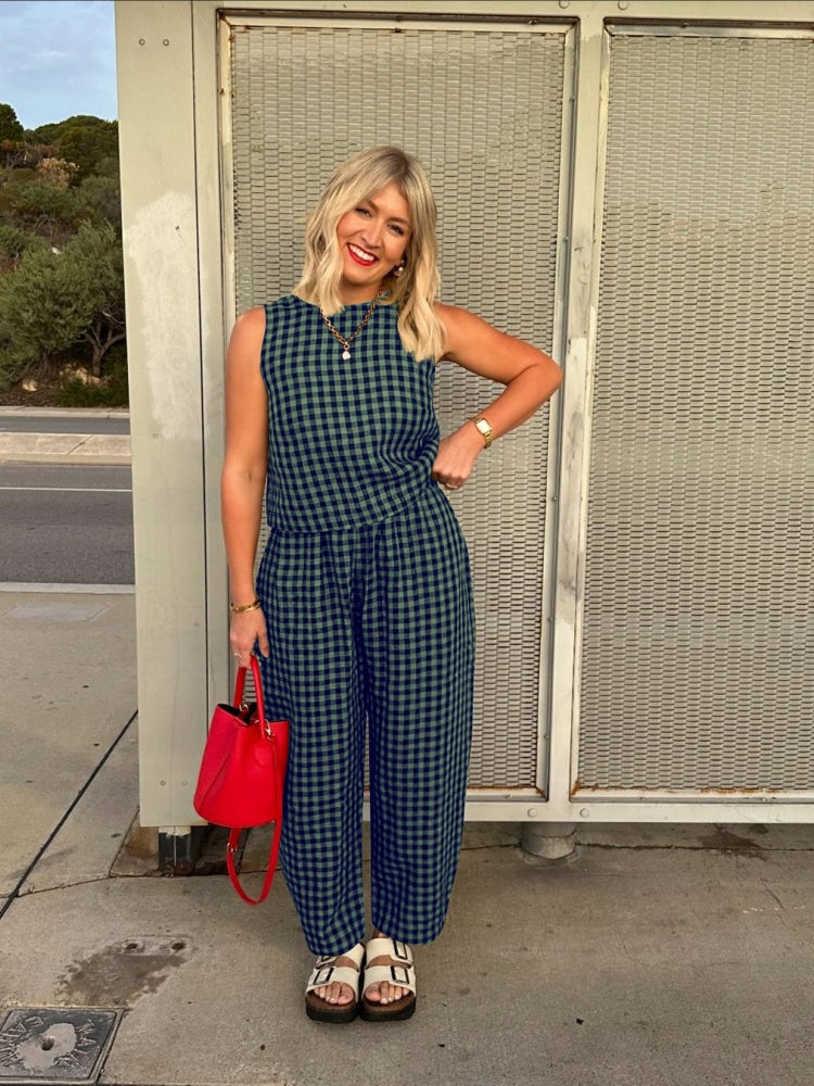 Gingham 2-Piece Sleeveless Top &amp; Wide Leg Pants Set