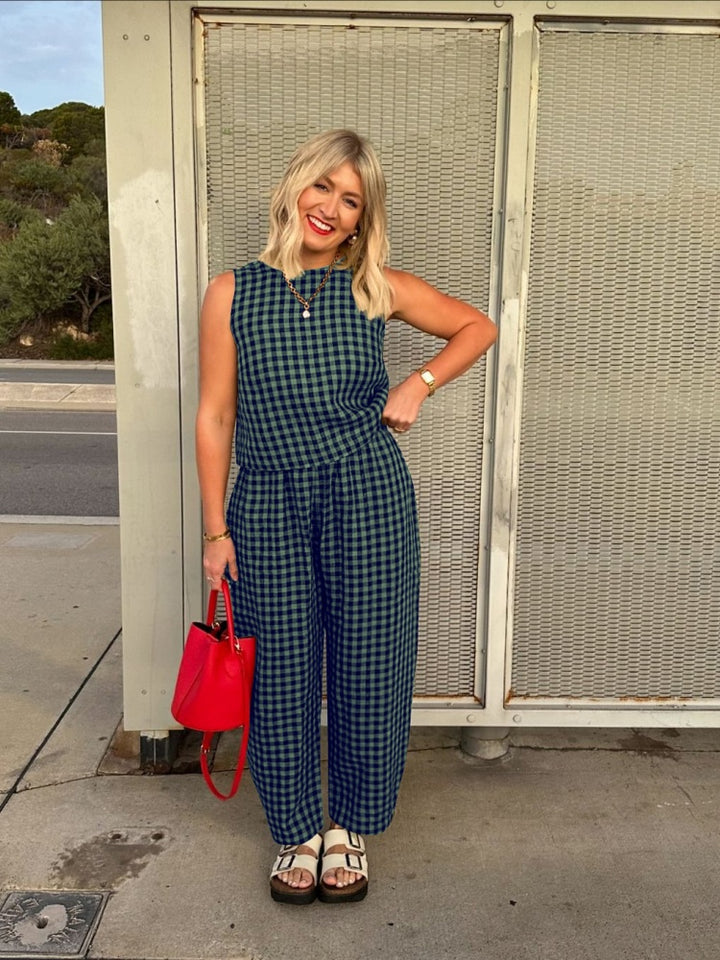 Gingham 2-Piece Sleeveless Top &amp; Wide Leg Pants Set