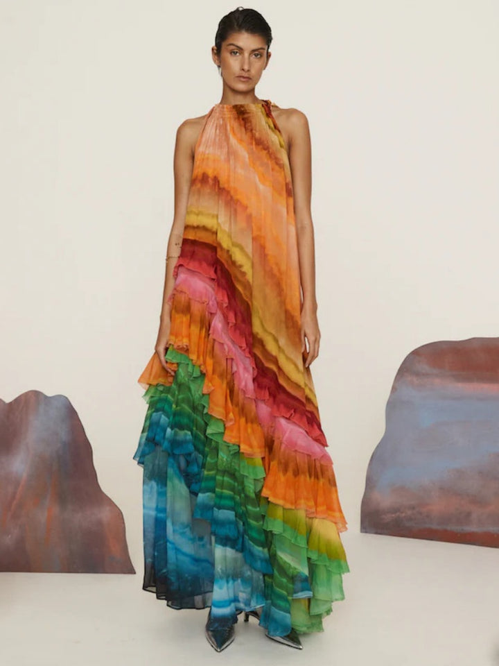 Rainbow Tie-Dye Halter Maxi Dress - Ruffled Chiffon Tiered Flowy Dress