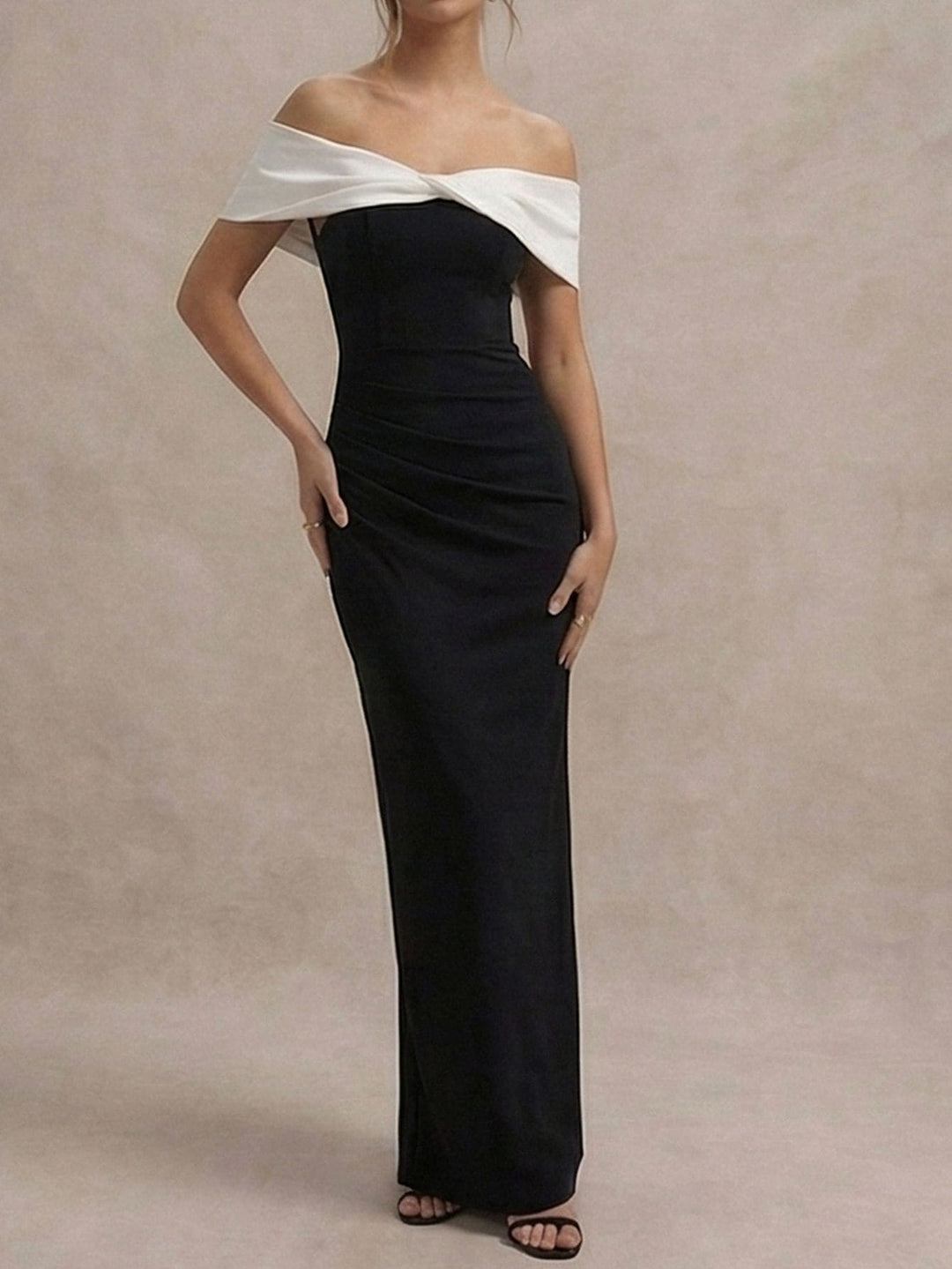 Black and white patchwork off-shoulder bodycon maxi dress