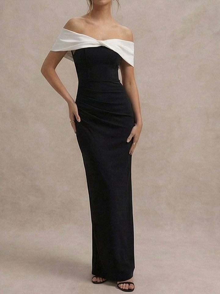 Black and white patchwork off-shoulder bodycon maxi dress