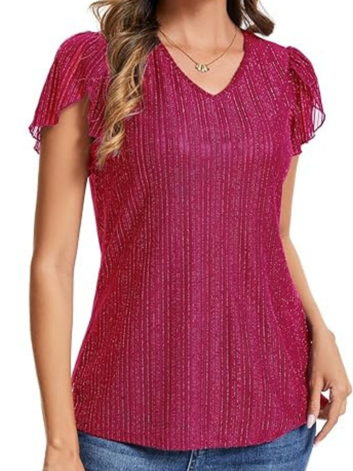 Shiny Pleated V-Neck Flutter Sleeve Top