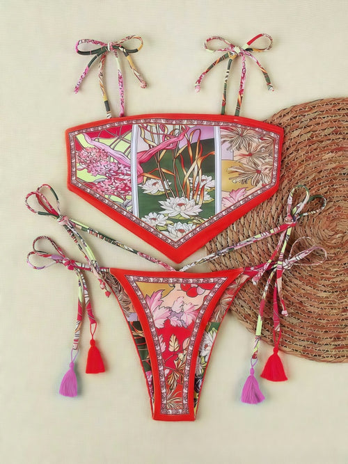 Boho Scarf Bikini Set – Printed Tie-Up Triangle Swimsuit