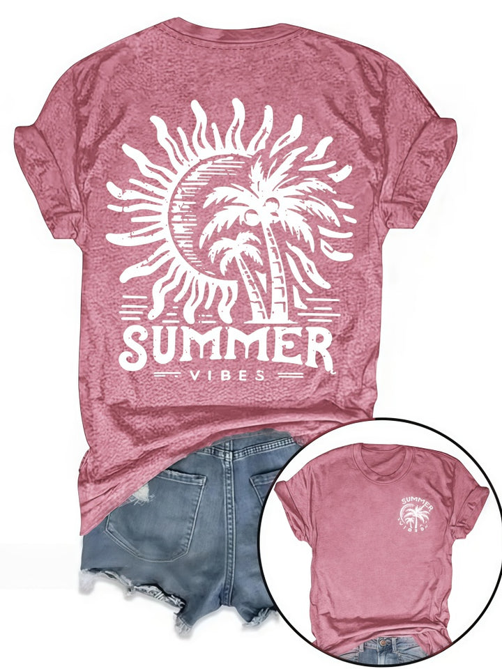 Summer Vibes Sun &amp; Palm Print V-Neck T-Shirt