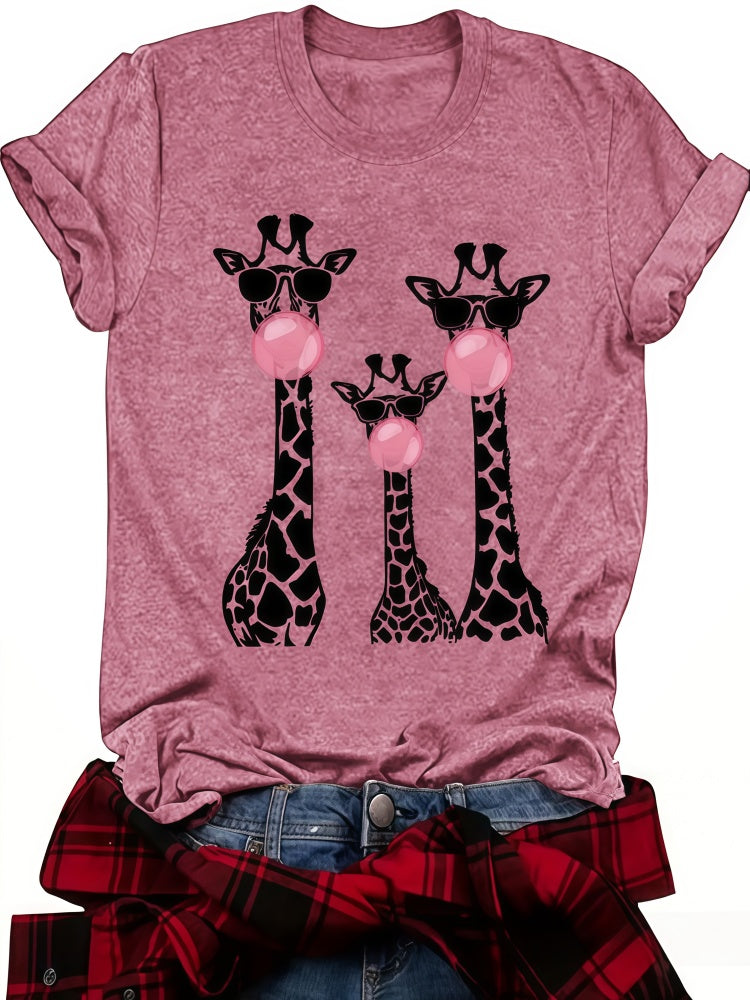 Funny Giraffe Family Bubblegum Print Crew Neck T-Shirt
