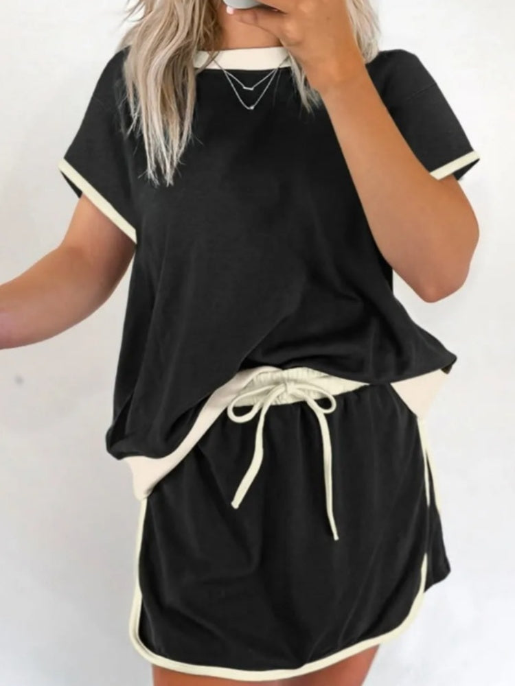 Contrast Trim Short Sleeve Top &amp; Mini Skirt Two-Piece Set