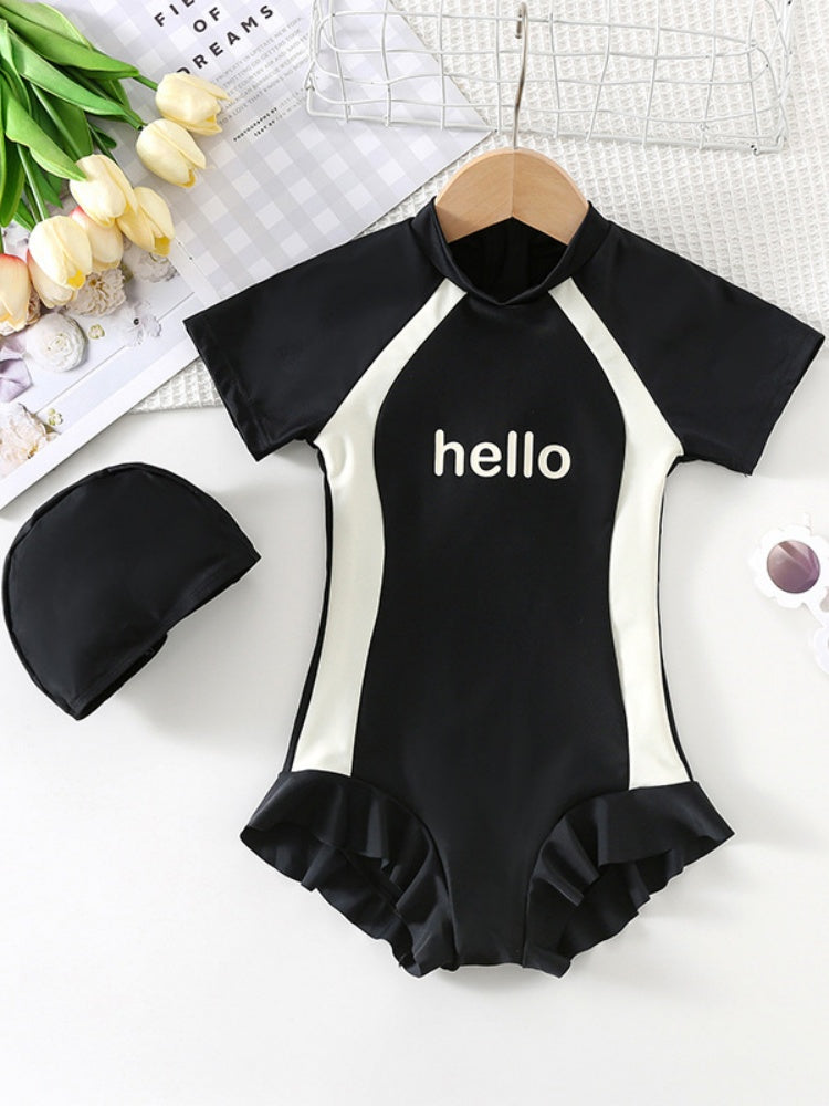 Girls Rash Guard Swimsuit with Hat – Cute Ruffle One-Piece Swimwear