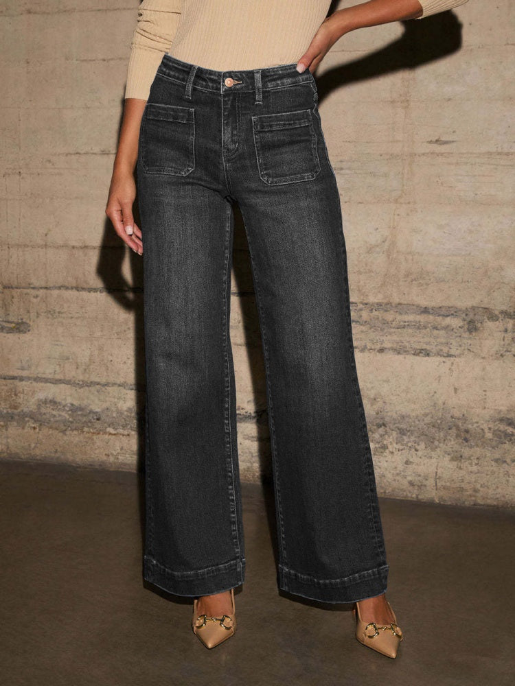 High Waist Patch Pocket Straight Leg Jeans | High Stretch Vintage Wash Full Length Denim Pants