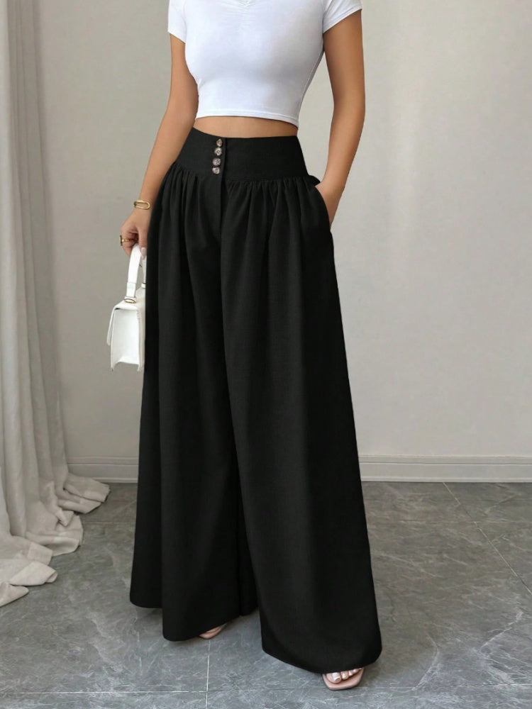 High Waist Button Front Pleated Wide Leg Palazzo Pants