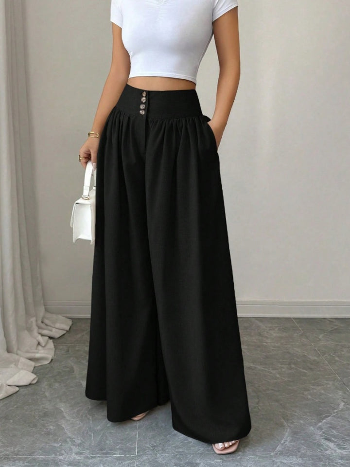 High Waist Button Front Pleated Wide Leg Palazzo Pants