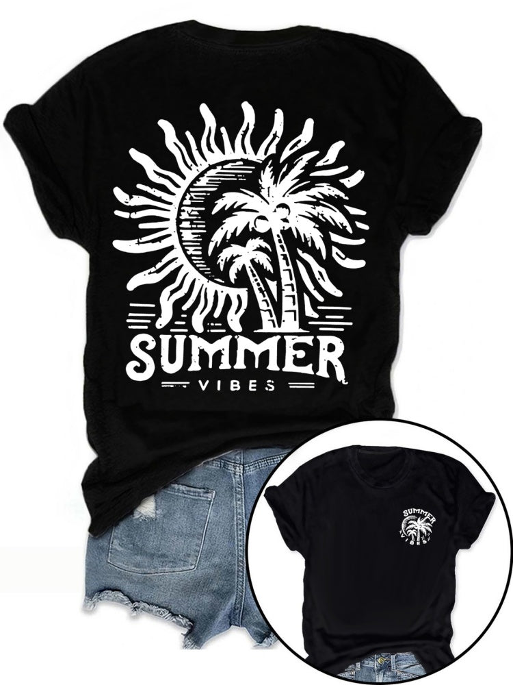 Summer Vibes Sun &amp; Palm Print V-Neck T-Shirt