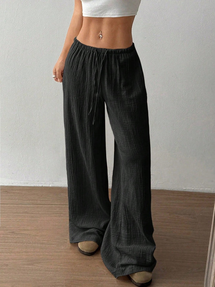 Cotton Crinkle Drawstring Waist Wide-Leg Pants