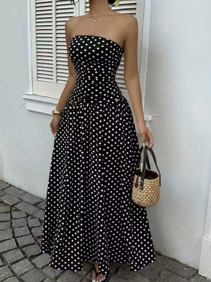 Strapless Ruched Polka Dot Flowy Maxi Dress