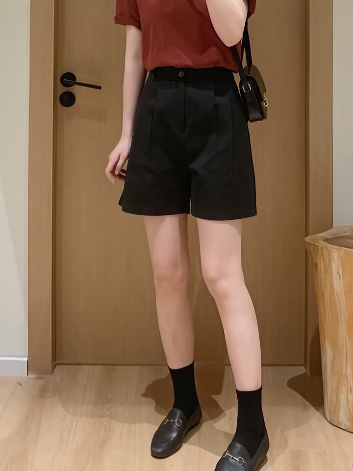 High-Waisted Cotton Wide-Leg Bermuda Shorts