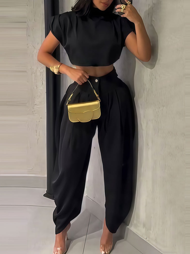 Chic Mock Neck Crop Top &amp; High Waisted Wide Leg Pants Set
