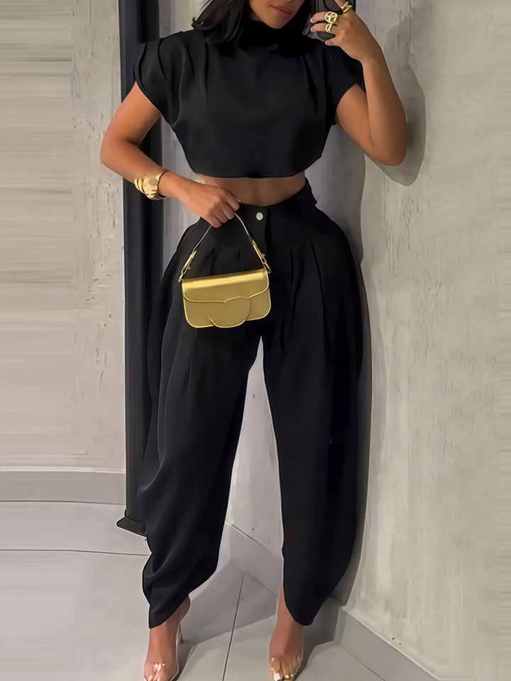 Chic Mock Neck Crop Top &amp; High Waisted Wide Leg Pants Set