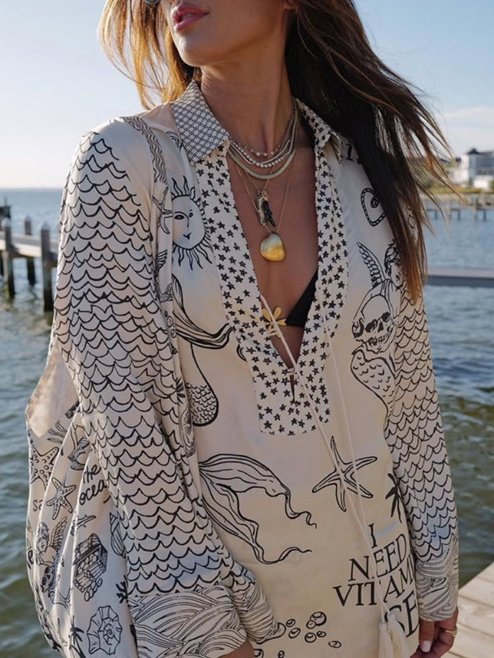 Nautical Print Oversized Shirt &amp; Shorts Set | Satin Beach Cover-Up 2-Piece
