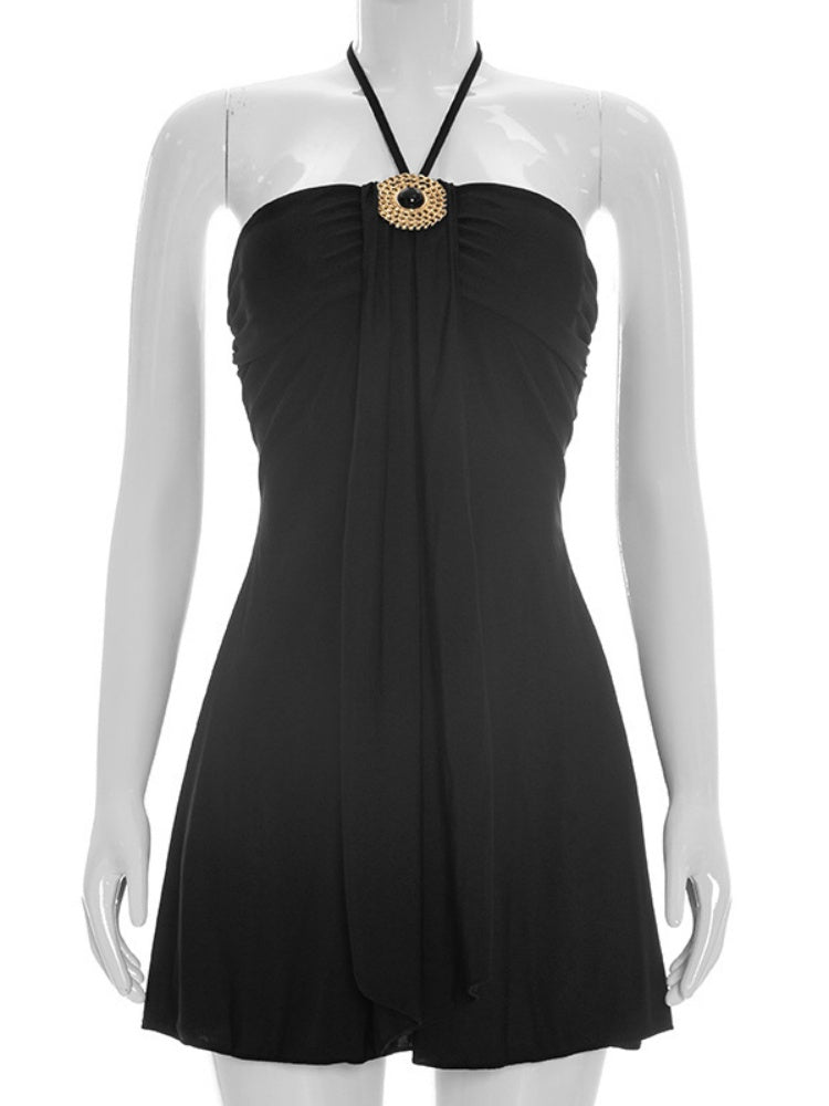 Gold Ornament Halter Draped A-Line Mini Dress