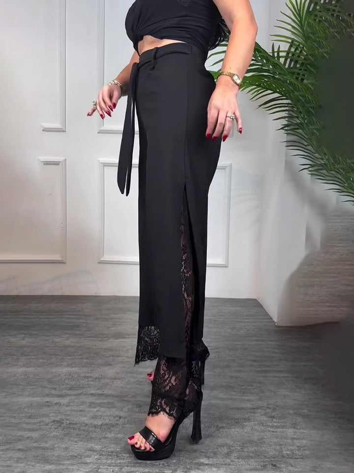 High Waisted Lace Panel Straight Leg Pants